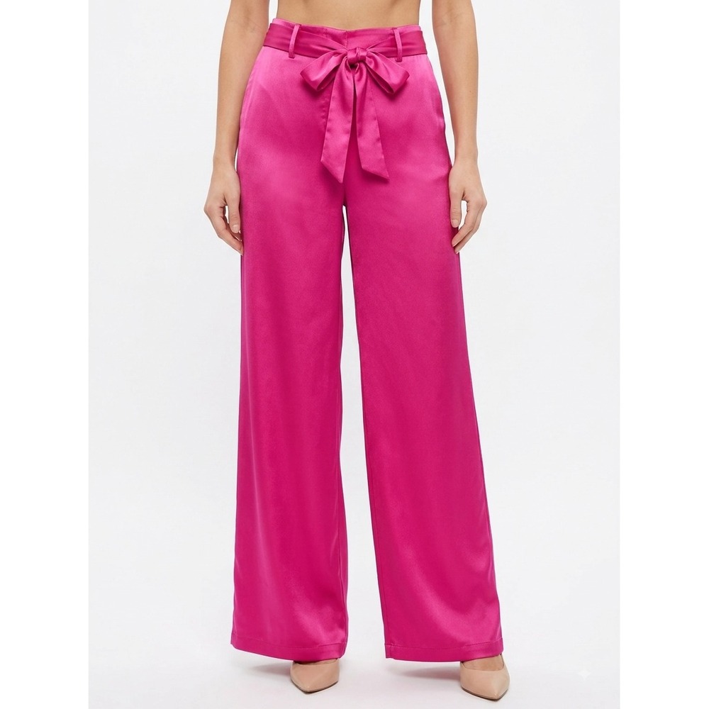 NWT Lulus Trousers Pants Womens M Magenta Pink Satin Wide Leg Tie Waist Hi-Rise